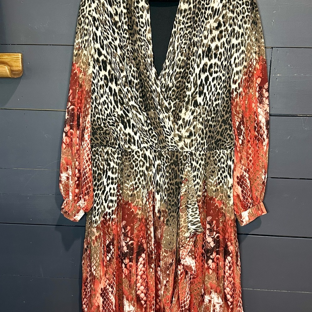 Donna Ricco Leopard and Red Long Sleeve Dress